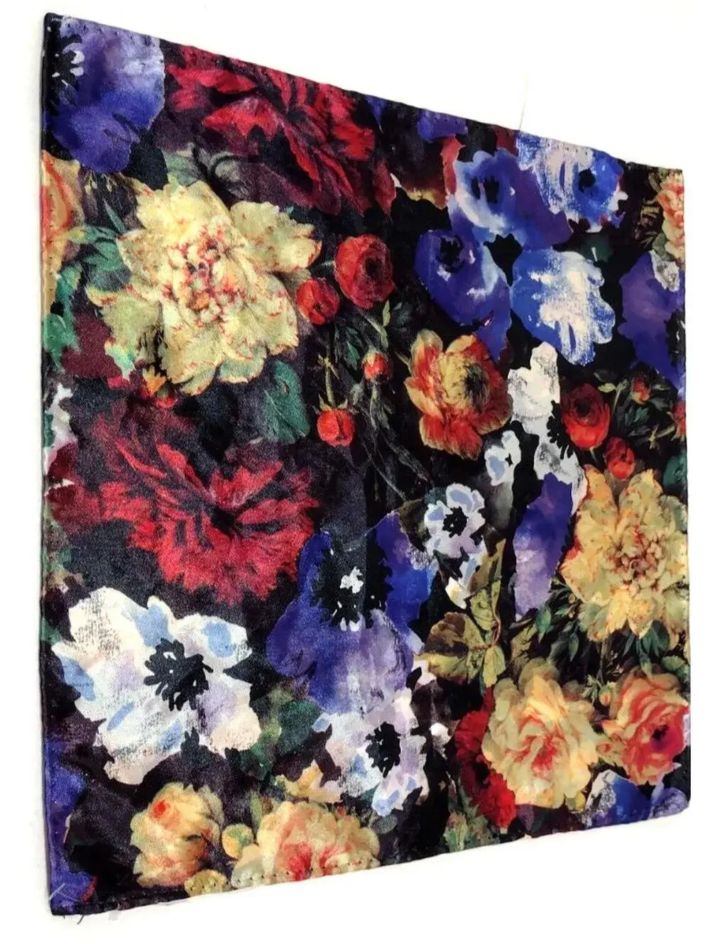 Vintage Floral Black Satin Hankie Men's Handkerchief Roses Print 13 x 13 inches
